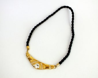 vintage necklace necklace black/gold with rhinestones and cord, old costume jewelry, gift for women