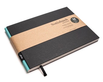 Quaderno da disegno A5 fatto a mano, formato orizzontale in carta riciclata al 100% “BerlinBook” - Blu Maldive - Nero