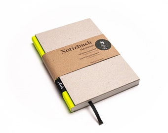Handmade small design notebook made from 100% recycled paper “BerlinBook” - neon yellow/recycled cardboard