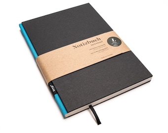 Handmade design notebook A5 made of 100% recycled paper “BerlinBook” - turquoise blue/black