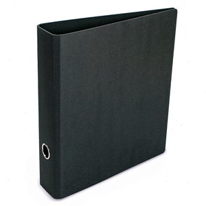 May include: A black binder with a metal ring mechanism. The binder is closed and has a smooth, textured surface.