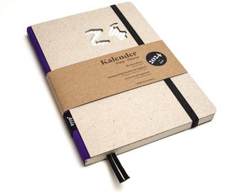 Sustainable pocket calendar 2024 made of 100% recycled paper “Design Calendar” purple eco-cardboard