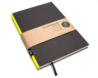A5 blank notebook, neon yellow/black | BerlinBook recycled paper, perforated | Handmade in Germany | Sustainable, vegan | Gift
