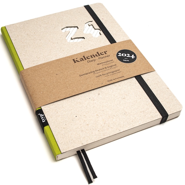 Calendario de bolsillo sostenible 2024 fabricado con papel 100% reciclado "Calendario de diseño" ecocartón verde lima