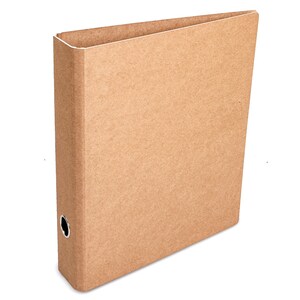 May include: A brown cardboard binder with a metal ring mechanism. The binder has a simple design and is ideal for organising documents.