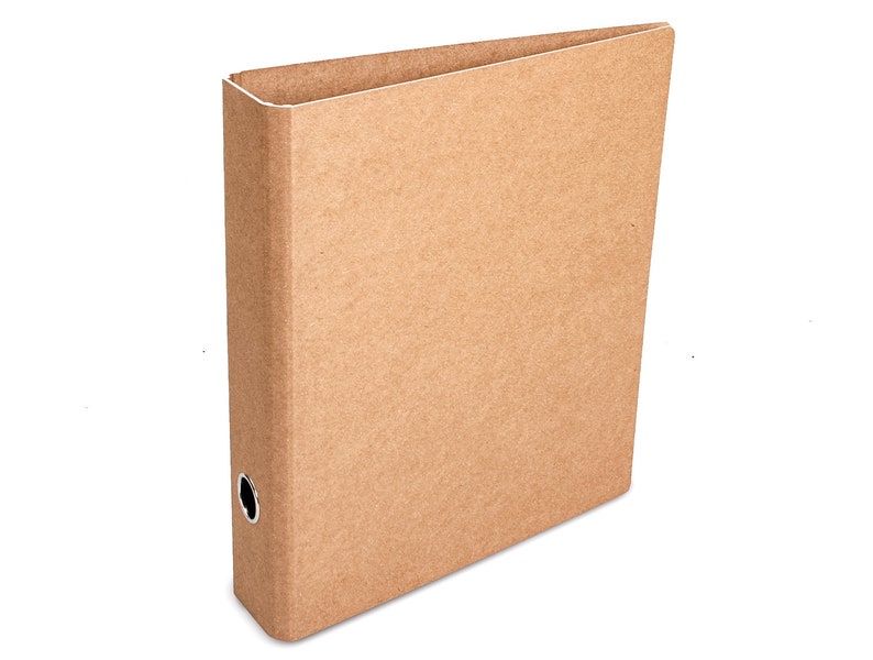 May include: A brown cardboard binder with a metal ring mechanism. The binder has a simple design and is ideal for organising documents.