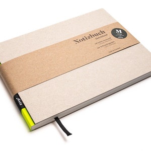 Cuaderno de bocetos hecho a mano, tamaño A5, formato horizontal, fabricado con papel 100 % reciclado "BerlinBook" - Amarillo neón/Cartón reciclado