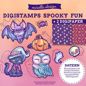 Könnte beinhalten: Ein Set mit digitalen Stempeln mit niedlichen Halloween-Charakteren, darunter eine Fledermaus, ein Kürbis, eine Katze, eine Eule, ein Geist und ein Schädel. Das Set enthält außerdem zwei digitale Papiere mit sich wiederholenden Mustern aus Schädeln und Kürbissen.