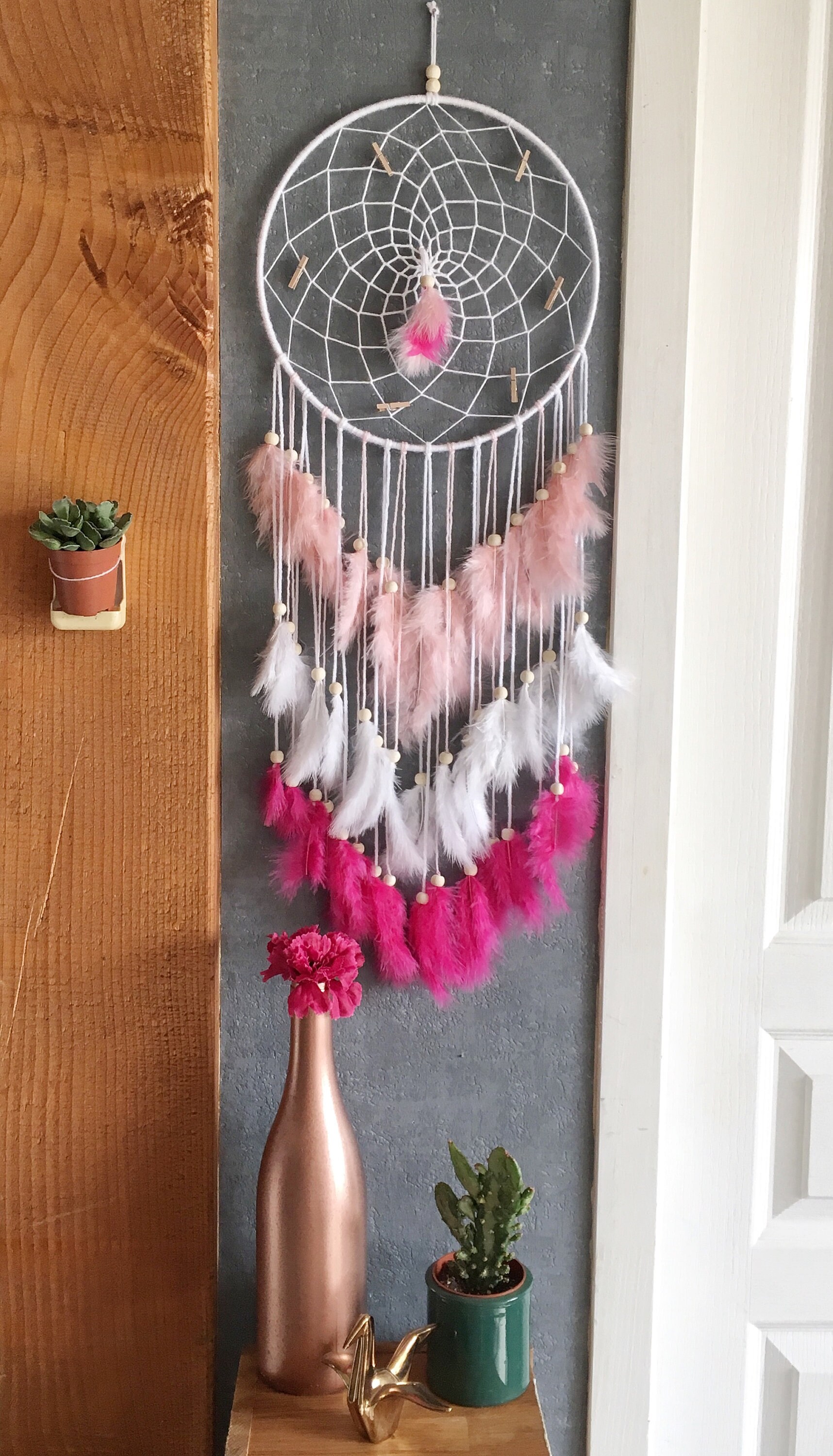 Capteur de Rêves Rose, Blanc, Fushia, Attrape Rêve Couleurs Pastel, Reve, Teinture Murale, Décoratio