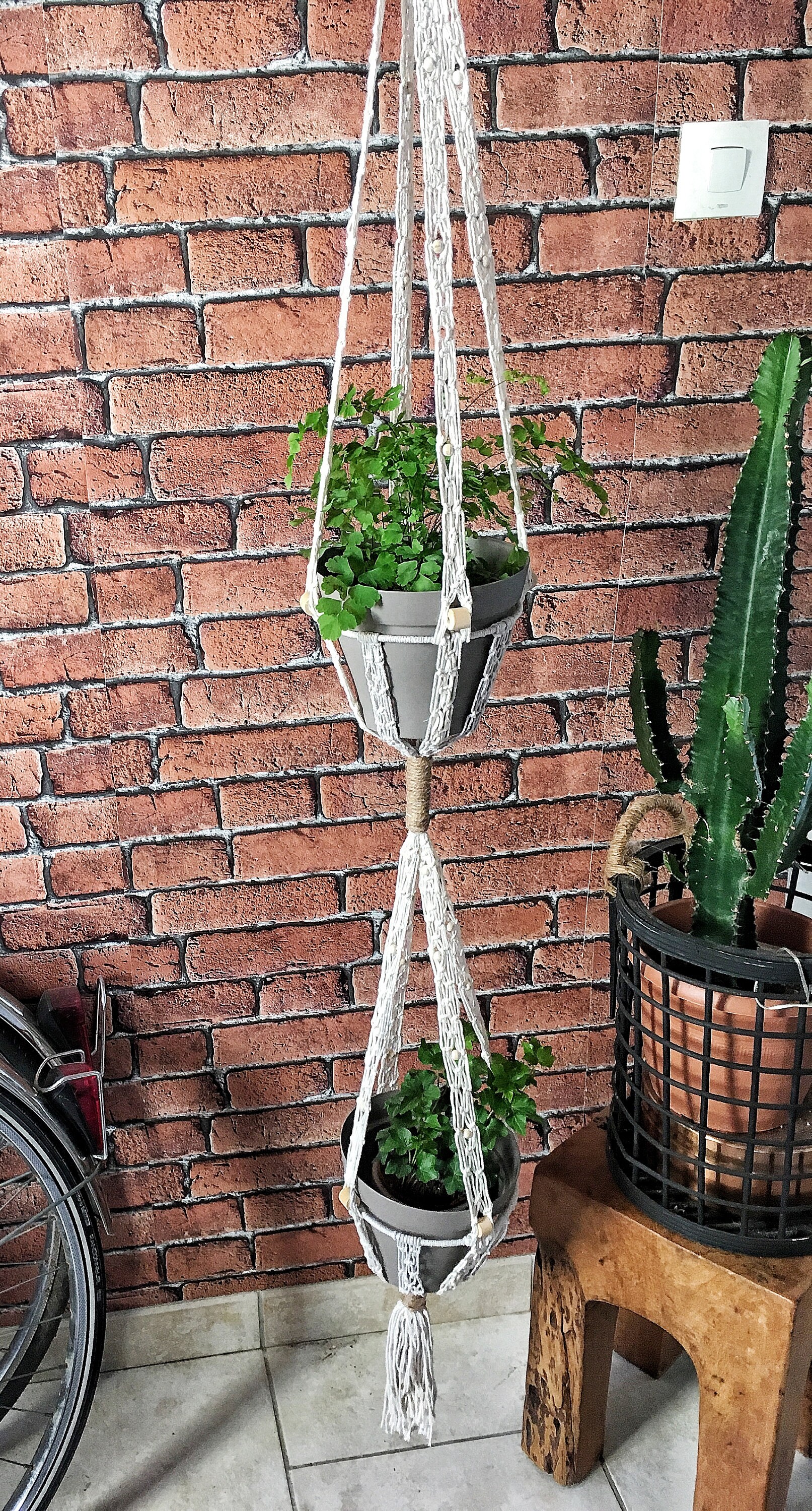 Suspension en Macramé Fait Main Pour Plante Double, Perles Bois et Flotté, Mural, Suspension, Porte 