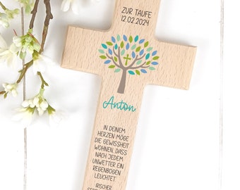 Holzkreuz Lebensbaum zur Taufe, Kommunion, Konfirmation personalisiert Kreuz