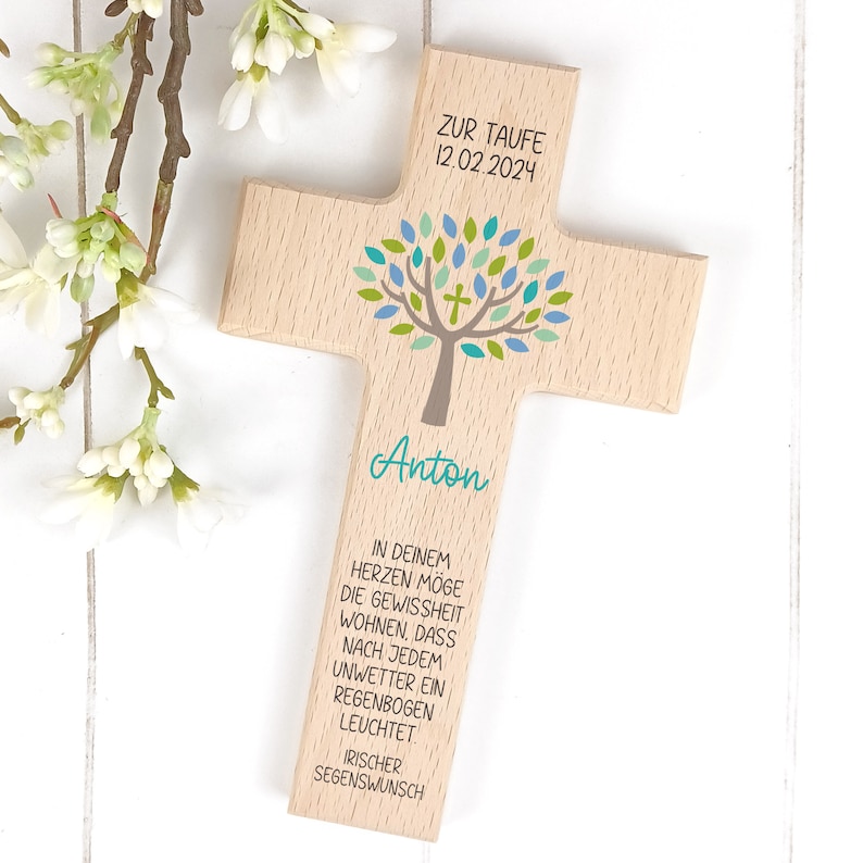 Holzkreuz Lebensbaum zur Taufe, Kommunion, Konfirmation personalisiert Kreuz Bild 1