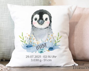 Kissen Bezug Namenskissen Geburt Geschenk personalisiert Pinguin Jungs