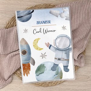 Zeugnismappe Weltall personalisiert, Zeugnisordner Weltraum Astronaut Rakete Geschenkidee Einschulung Schulkind