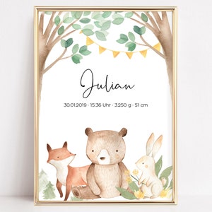 Geburtsposter personalisiert Kinderzimmer Deko Aquarell Tiere Waldtiere