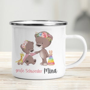 Tasse für Kinder, große Schwester Emaille Kindertasse Becher personalisiert mit Namen, großer Bruder