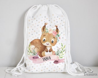 Stoffbeutel Turnbeutel Rucksack, Kindergartentasche mit Name Eichhörnchen