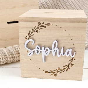 Kinderspardose aus Holz mit Namen, Geschenkidee für Kinder, Baby Geschenk, Geldgeschenk, Taufgeschenk personalisiert, Geburtsgeschenk