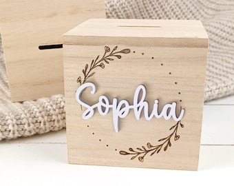 Spardose Holz personalisiert Blumenkranz