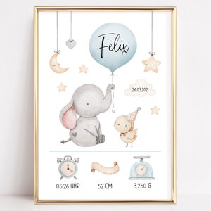 Geburtsdaten Poster Geburtsposter personalisiert Kinderzimmer Deko Elefant blau