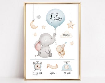 Geburtsdaten Poster Geburtsposter personalisiert Kinderzimmer Deko Elefant blau
