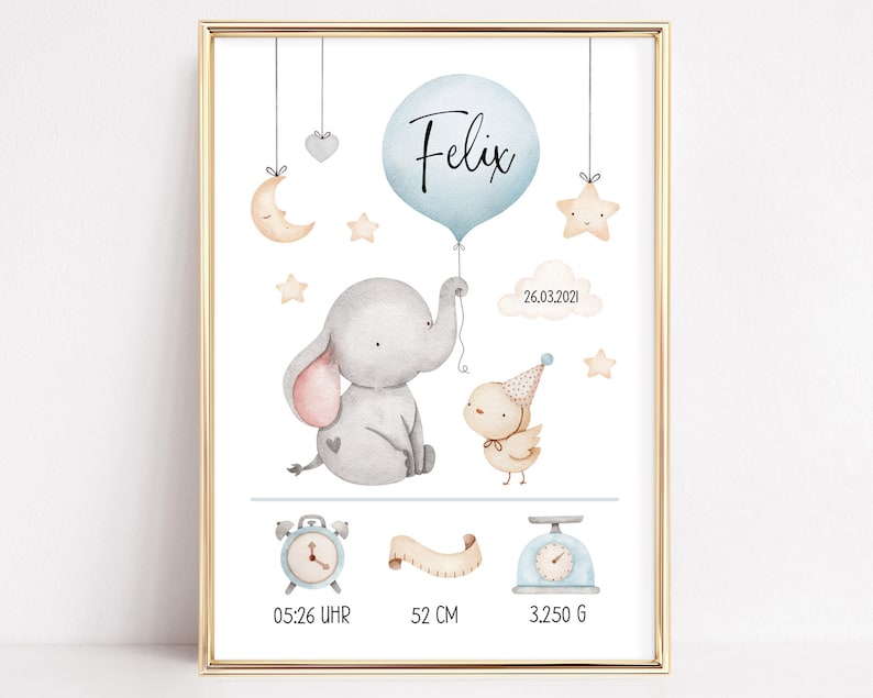 Geburtsdaten Poster Geburtsposter personalisiert Kinderzimmer Deko Elefant blau Bild 1