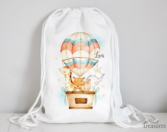 Stoffbeutel Turnbeutel Rucksack, Kindergartentasche mit Name personalisiert Heißluftballon Tiere