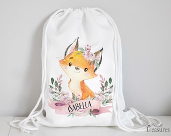 Stoffbeutel Turnbeutel Rucksack, Kindergartentasche mit Name personalisiert Fuchs Aquarell