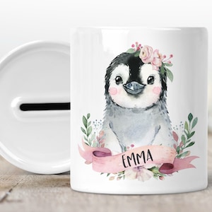 Spardose mit Name, personalisiert Pinguin Aquarell