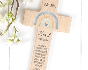 Taufkreuz für Kinder, Holzkreuz personalisiert Regenbogen blau Kreuz