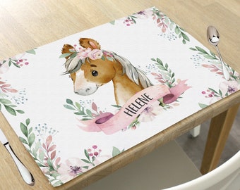 Tischset Platzset Textil mit Namen personalisiert, Aquarell Pferd Pony Blumen