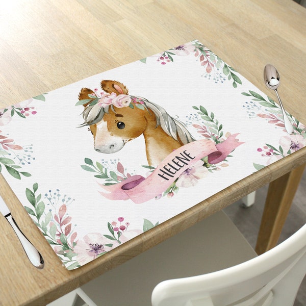 Tischset Platzset Textil mit Namen personalisiert, Aquarell Pferd Pony Blumen