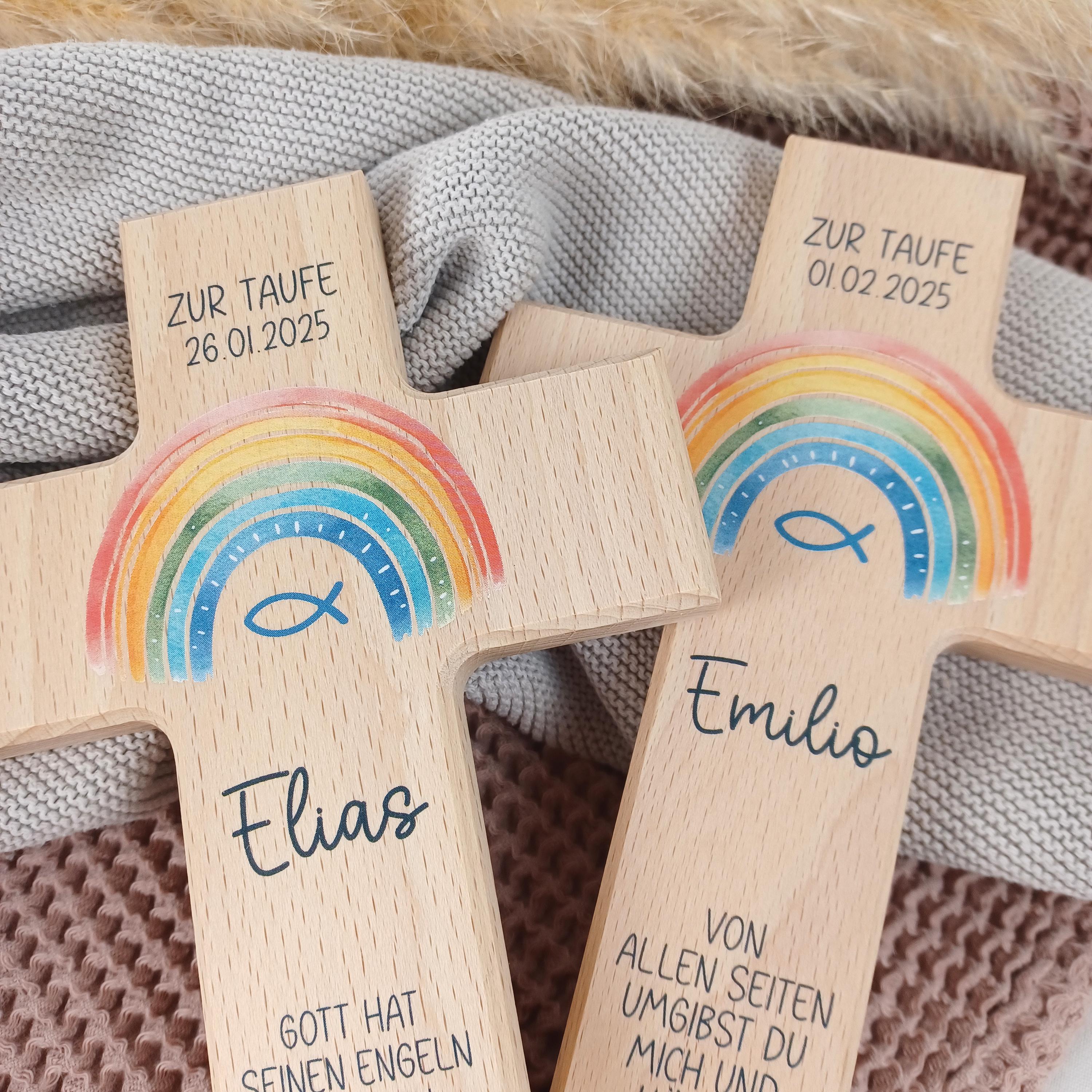 Kleines Holzkreuz Mit Regenbogen Motiv - Christliches Geschenk Für Taufe & Konfirmation