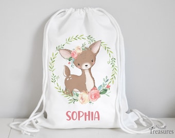 Stoffbeutel Turnbeutel Rucksack, Kindergartentasche mit Name Reh