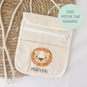 Brustbeutel für Kinder, Baumwolle personalisiert, Löwe Fuchs, Geschenk zum Schulanfang