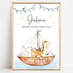 Geburtsposter personalisiert Kinderzimmer Deko Aquarell Tiere Boot Maritim