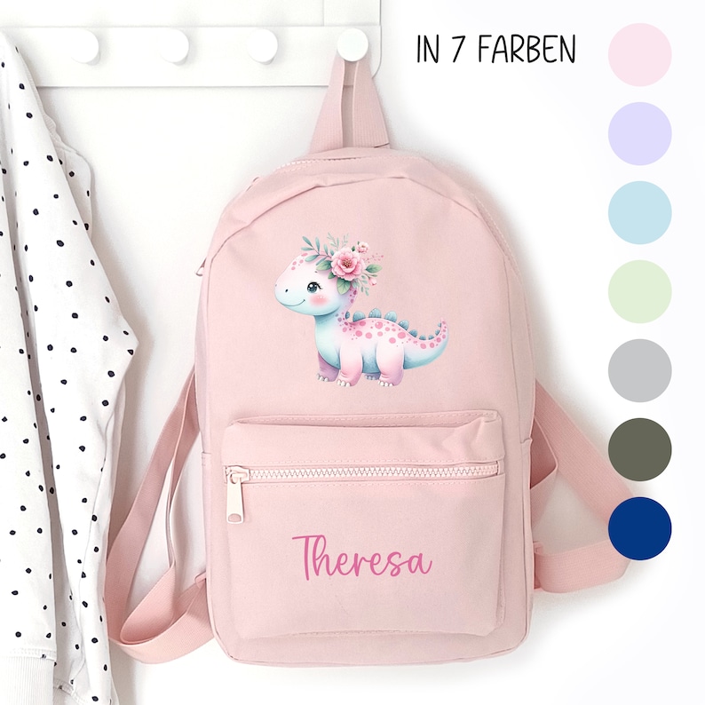 Kindergartenrucksack Dino Mädchen, Kindergartentasche personalisiert, Farbauswahl, Geschenkidee für Kinder, Kindergartenkind immagine 1