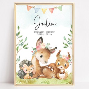 Geburtsposter personalisiert Kinderzimmer Waldtiere Reh