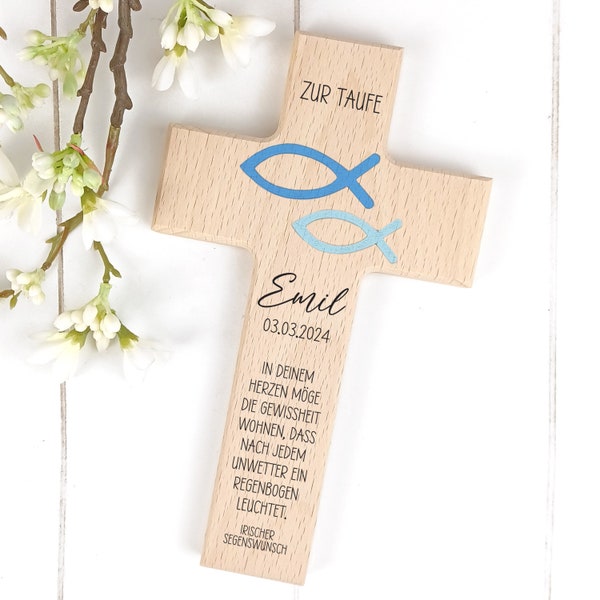 Holzkreuz Taufe, Kommunion, Konfirmation personalisiert Fische Kreuz