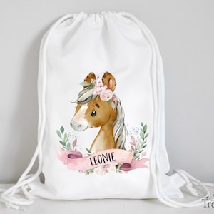 Stoffbeutel Turnbeutel Rucksack, Kindergartentasche mit Name personalisiert Pferd Bild 1