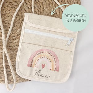 Brustbeutel für Kinder, Baumwolle personalisiert Regenbogen, Umhängetasche, Geschenk zur Einschulung, Schulanfang