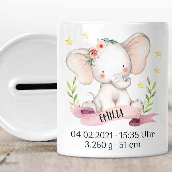 Spardose mit Name zur Geburt personalisiert Elefant rosa