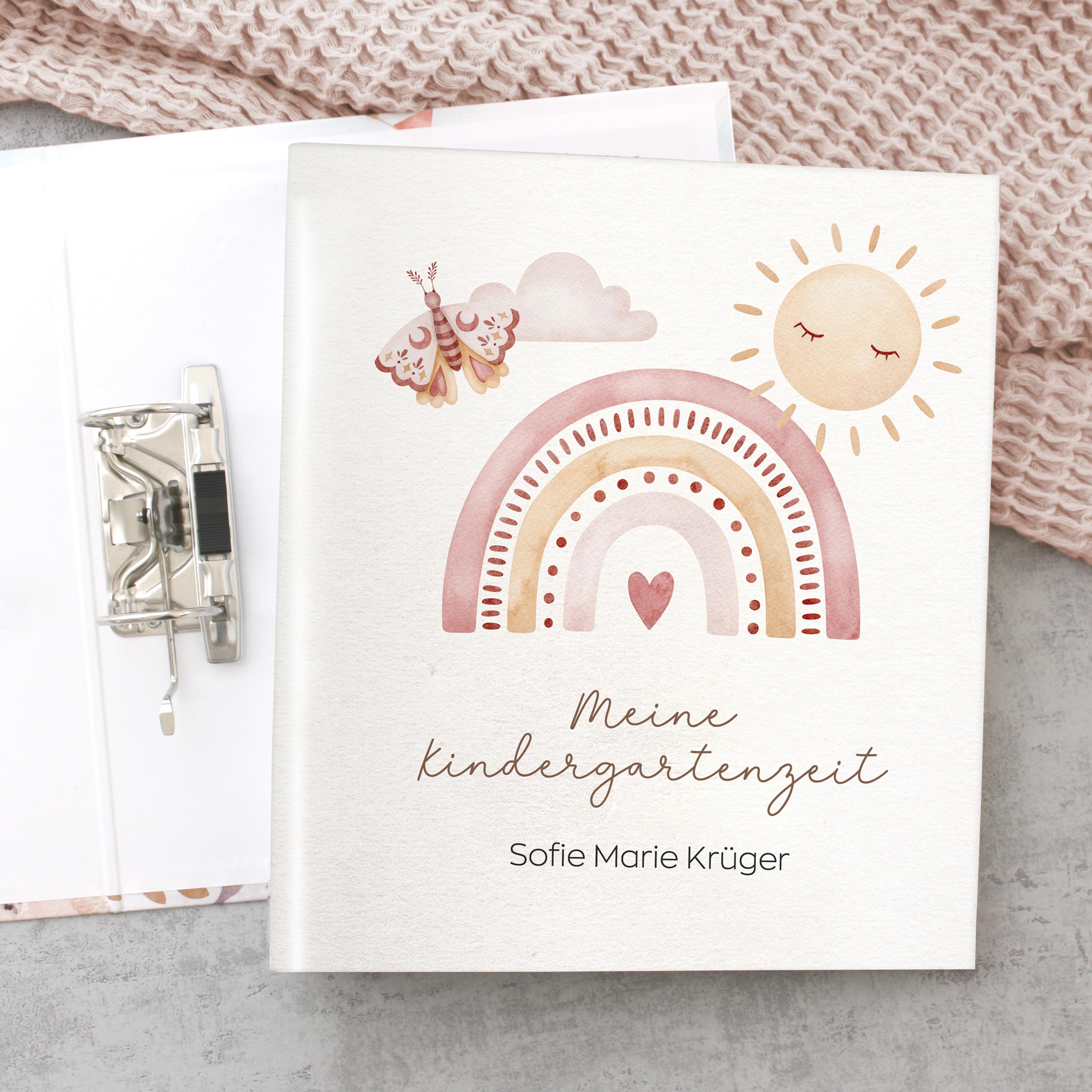 Kindergartenordner Boho Regenbogen, Ordner personalisiert mit Name, Portfolio, Sammelordner, Kindergartenmappe, Kita-Ordner