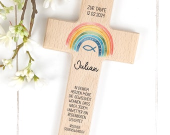 Holzkreuz bunter Regenbogen zur Taufe, Kommunion, Konfirmation personalisiert Kreuz