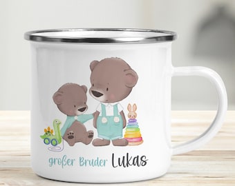 Tasse für Kinder, großer Bruder große Schwester Emaille Kindertasse Becher personalisiert mit Namen