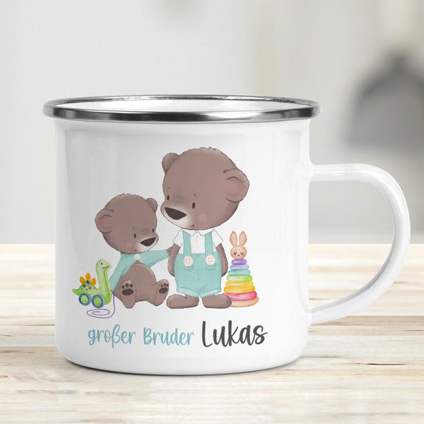 Tasse für Kinder, großer Bruder große Schwester Emaille Kindertasse Becher personalisiert mit Namen