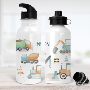 Trinkflasche für Kinder personalisiert mit Name, Bagger Baustelle Kran Flasche