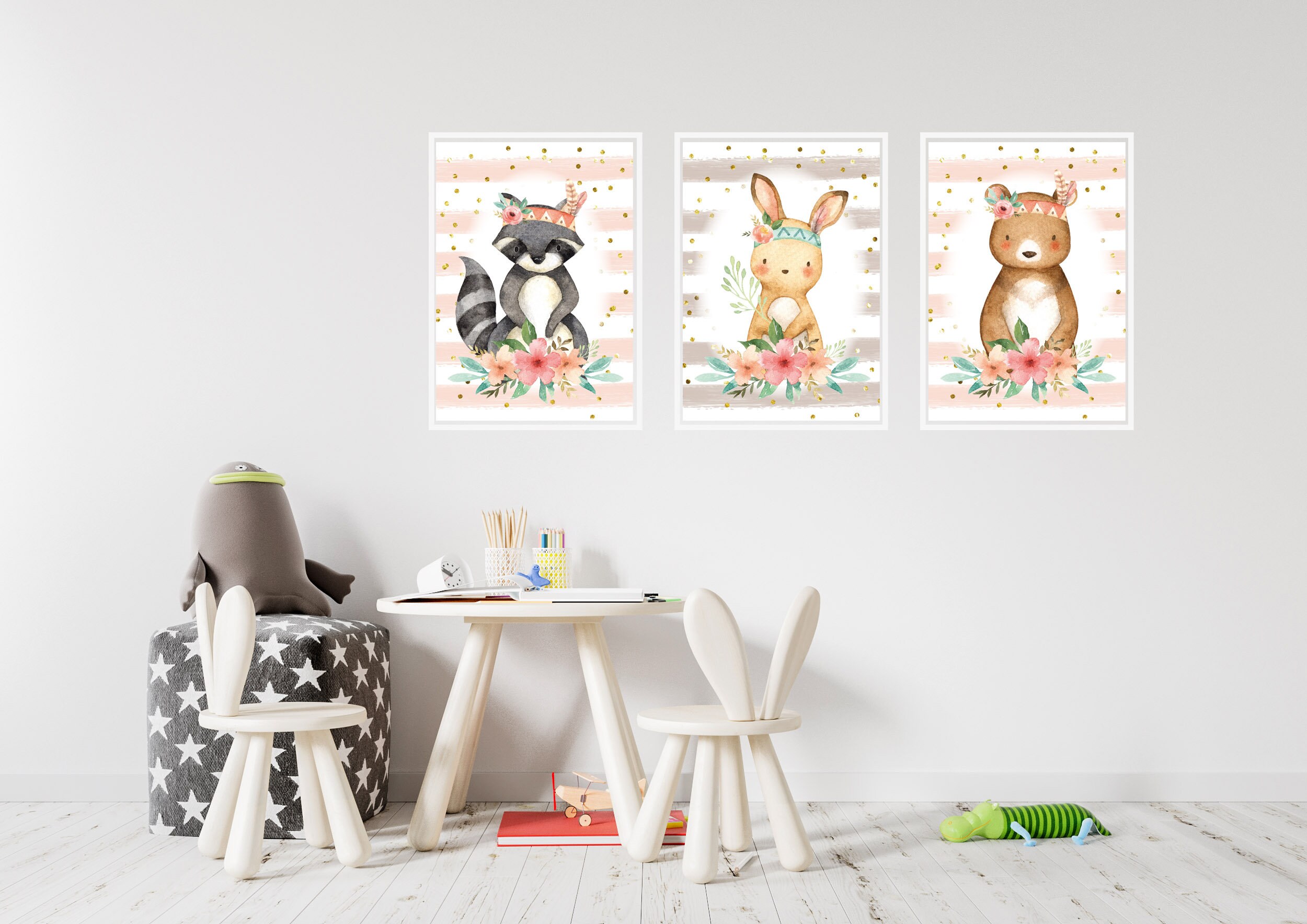 Nursery Pictures Print Children's Room Deco 3set Animals Etsy