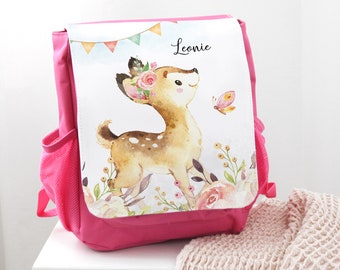 Rucksack für Kinder mit Namen personalisiert, Kindergartenrucksack Reh Blumen