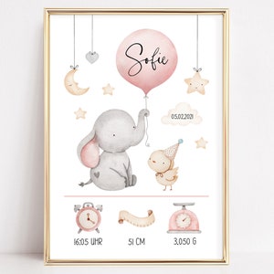 Geburtsdaten Poster Geburtsposter personalisiert Kinderzimmer Deko Elefant rosa